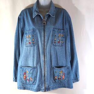 Passion-I Southwest Kokopelli Embroidered Denim Jean Jacket Zip Up Size M Medium